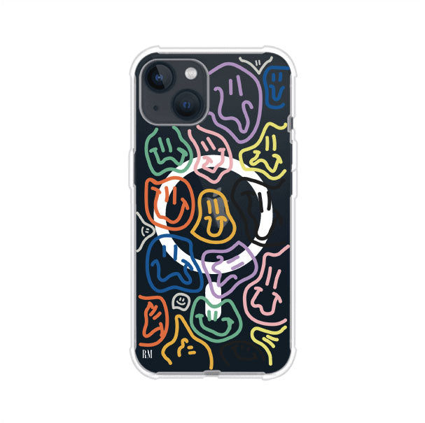 Funda para iPhone con diseño de caritas distorsionadas en colores neón sobre fondo negro. Estilo artístico, divertido y psicodélico. Diseño original de Remark MX