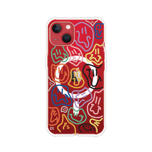 Funda para iPhone con diseño de caritas distorsionadas en colores neón sobre fondo negro. Estilo artístico, divertido y psicodélico. Diseño original de Remark MX