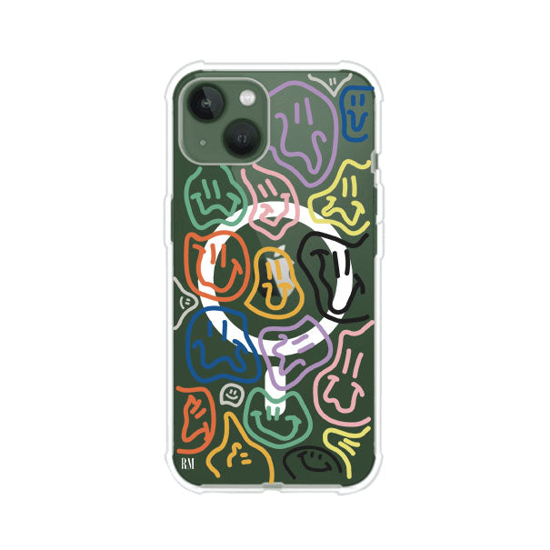 Funda para iPhone con diseño de caritas distorsionadas en colores neón sobre fondo negro. Estilo artístico, divertido y psicodélico. Diseño original de Remark MX