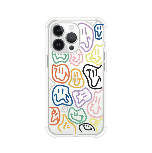 Funda para iPhone con diseño de caritas distorsionadas en colores neón sobre fondo negro. Estilo artístico, divertido y psicodélico. Diseño original de Remark MX