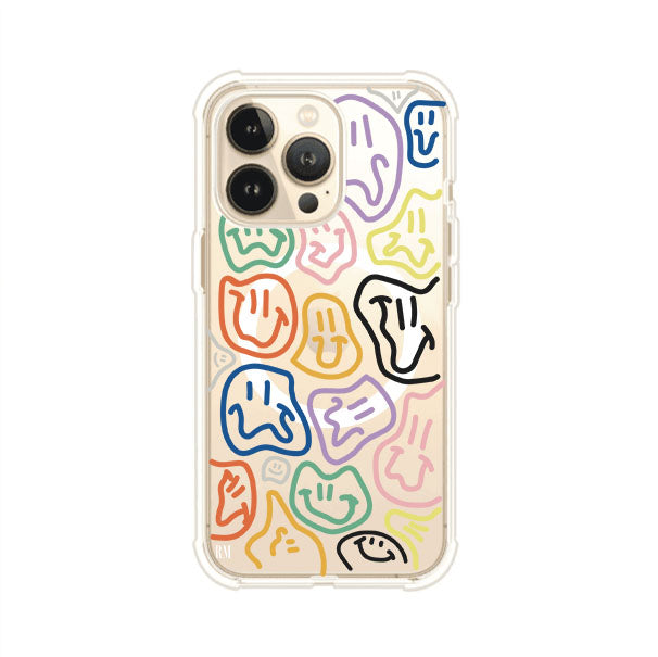 Funda para iPhone con diseño de caritas distorsionadas en colores neón sobre fondo negro. Estilo artístico, divertido y psicodélico. Diseño original de Remark MX