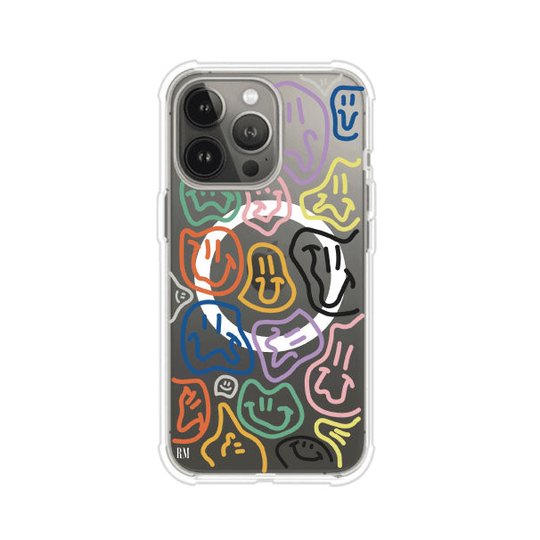 Funda para iPhone con diseño de caritas distorsionadas en colores neón sobre fondo negro. Estilo artístico, divertido y psicodélico. Diseño original de Remark MX