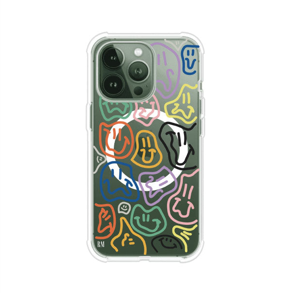 Funda para iPhone con diseño de caritas distorsionadas en colores neón sobre fondo negro. Estilo artístico, divertido y psicodélico. Diseño original de Remark MX