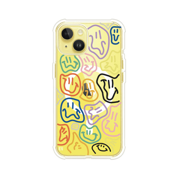 Funda para iPhone con diseño de caritas distorsionadas en colores neón sobre fondo negro. Estilo artístico, divertido y psicodélico. Diseño original de Remark MX