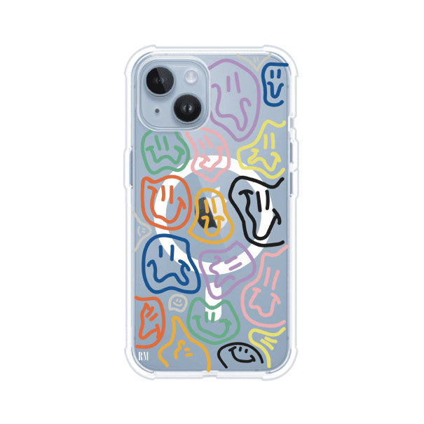 Funda para iPhone con diseño de caritas distorsionadas en colores neón sobre fondo negro. Estilo artístico, divertido y psicodélico. Diseño original de Remark MX