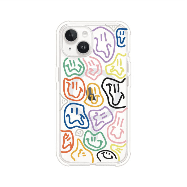 Funda para iPhone con diseño de caritas distorsionadas en colores neón sobre fondo negro. Estilo artístico, divertido y psicodélico. Diseño original de Remark MX