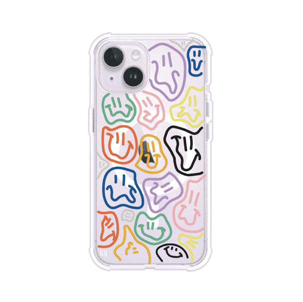 Funda para iPhone con diseño de caritas distorsionadas en colores neón sobre fondo negro. Estilo artístico, divertido y psicodélico. Diseño original de Remark MX