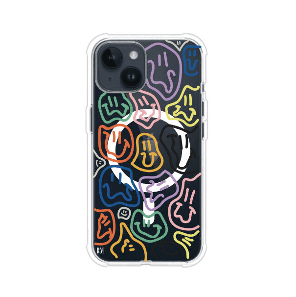 Funda para iPhone con diseño de caritas distorsionadas en colores neón sobre fondo negro. Estilo artístico, divertido y psicodélico. Diseño original de Remark MX