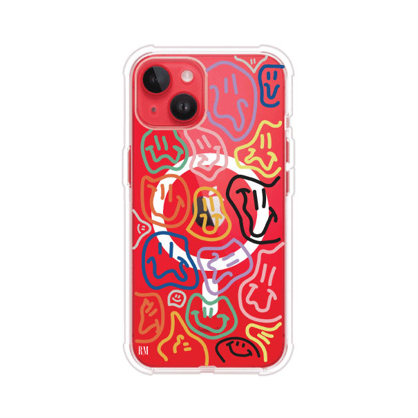 Funda para iPhone con diseño de caritas distorsionadas en colores neón sobre fondo negro. Estilo artístico, divertido y psicodélico. Diseño original de Remark MX