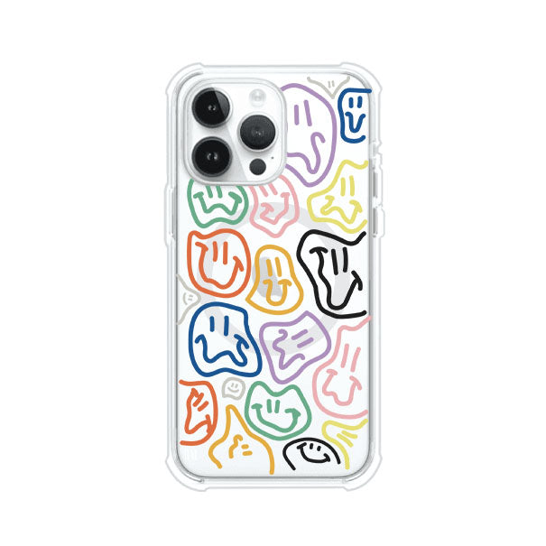Funda para iPhone con diseño de caritas distorsionadas en colores neón sobre fondo negro. Estilo artístico, divertido y psicodélico. Diseño original de Remark MX