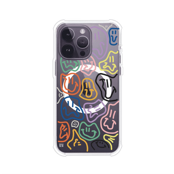 Funda para iPhone con diseño de caritas distorsionadas en colores neón sobre fondo negro. Estilo artístico, divertido y psicodélico. Diseño original de Remark MX