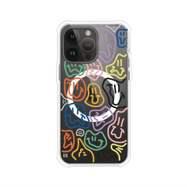 Funda para iPhone con diseño de caritas distorsionadas en colores neón sobre fondo negro. Estilo artístico, divertido y psicodélico. Diseño original de Remark MX