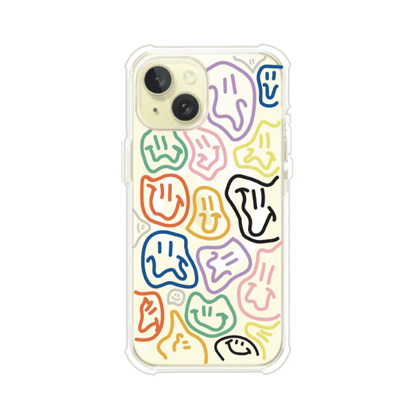 Funda para iPhone con diseño de caritas distorsionadas en colores neón sobre fondo negro. Estilo artístico, divertido y psicodélico. Diseño original de Remark MX