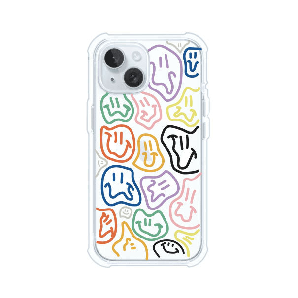 Funda para iPhone con diseño de caritas distorsionadas en colores neón sobre fondo negro. Estilo artístico, divertido y psicodélico. Diseño original de Remark MX