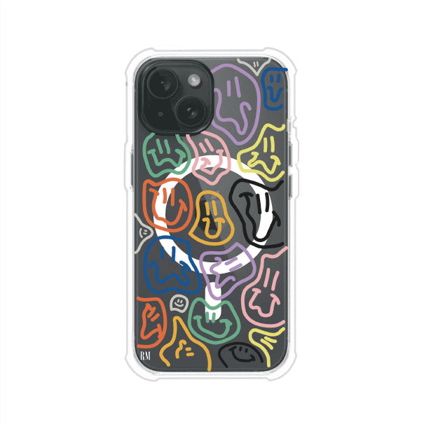 Funda para iPhone con diseño de caritas distorsionadas en colores neón sobre fondo negro. Estilo artístico, divertido y psicodélico. Diseño original de Remark MX