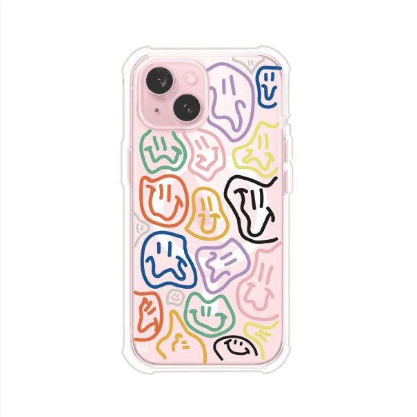 Funda para iPhone con diseño de caritas distorsionadas en colores neón sobre fondo negro. Estilo artístico, divertido y psicodélico. Diseño original de Remark MX