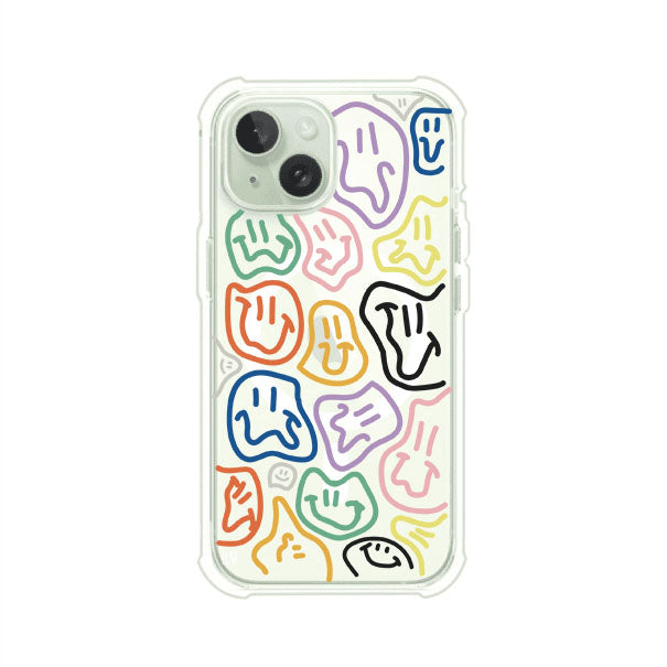 Funda para iPhone con diseño de caritas distorsionadas en colores neón sobre fondo negro. Estilo artístico, divertido y psicodélico. Diseño original de Remark MX
