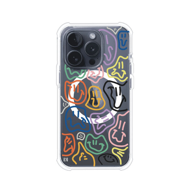 Funda para iPhone con diseño de caritas distorsionadas en colores neón sobre fondo negro. Estilo artístico, divertido y psicodélico. Diseño original de Remark MX