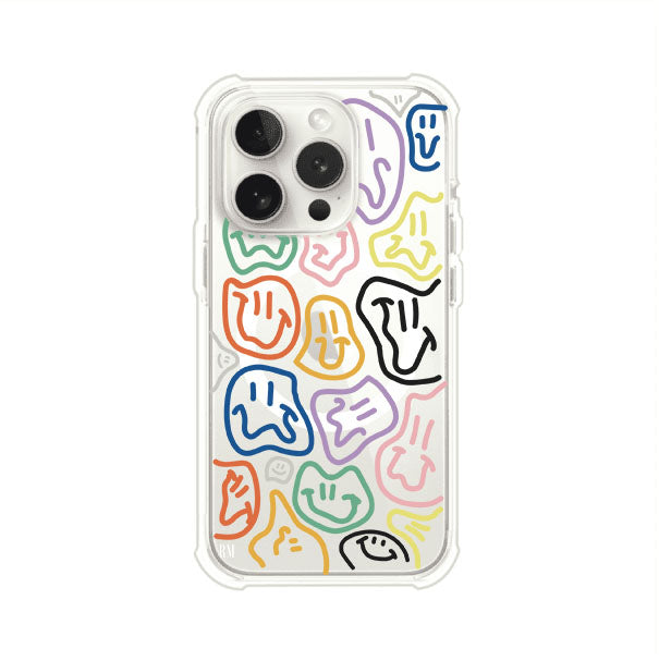 Funda para iPhone con diseño de caritas distorsionadas en colores neón sobre fondo negro. Estilo artístico, divertido y psicodélico. Diseño original de Remark MX