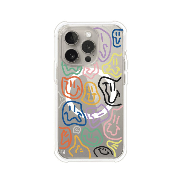 Funda para iPhone con diseño de caritas distorsionadas en colores neón sobre fondo negro. Estilo artístico, divertido y psicodélico. Diseño original de Remark MX