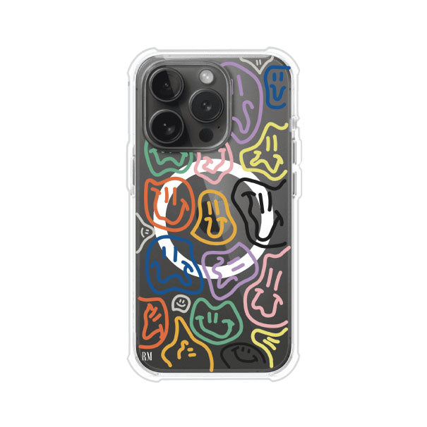 Funda para iPhone con diseño de caritas distorsionadas en colores neón sobre fondo negro. Estilo artístico, divertido y psicodélico. Diseño original de Remark MX