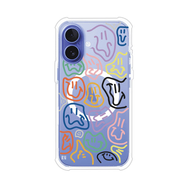 Funda para iPhone con diseño de caritas distorsionadas en colores neón sobre fondo negro. Estilo artístico, divertido y psicodélico. Diseño original de Remark MX