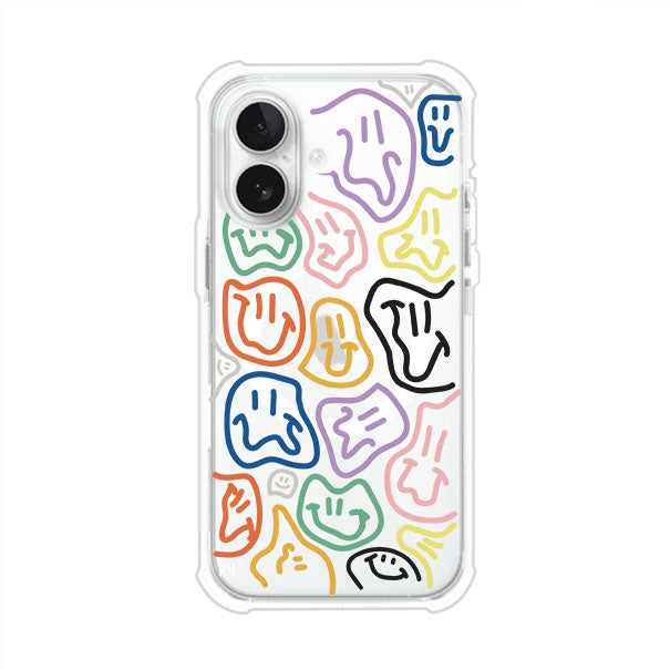 Funda para iPhone con diseño de caritas distorsionadas en colores neón sobre fondo negro. Estilo artístico, divertido y psicodélico. Diseño original de Remark MX