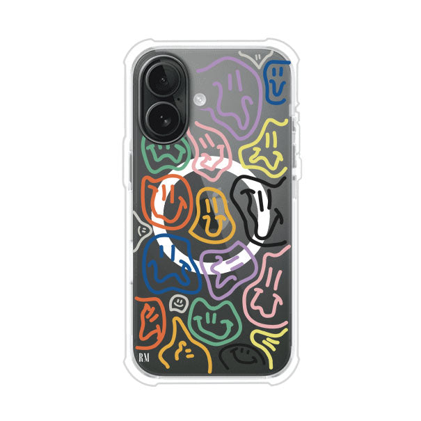 Funda para iPhone con diseño de caritas distorsionadas en colores neón sobre fondo negro. Estilo artístico, divertido y psicodélico. Diseño original de Remark MX