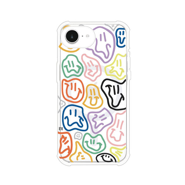 Funda para iPhone con diseño de caritas distorsionadas en colores neón sobre fondo negro. Estilo artístico, divertido y psicodélico. Diseño original de Remark MX