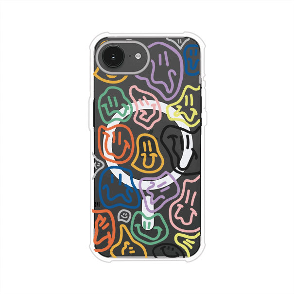 Funda para iPhone con diseño de caritas distorsionadas en colores neón sobre fondo negro. Estilo artístico, divertido y psicodélico. Diseño original de Remark MX