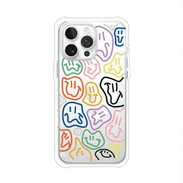 Funda para iPhone con diseño de caritas distorsionadas en colores neón sobre fondo negro. Estilo artístico, divertido y psicodélico. Diseño original de Remark MX