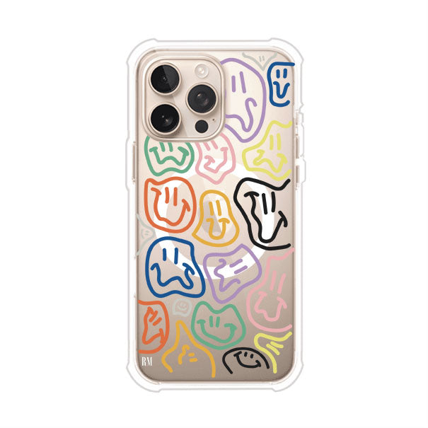 Funda para iPhone con diseño de caritas distorsionadas en colores neón sobre fondo negro. Estilo artístico, divertido y psicodélico. Diseño original de Remark MX