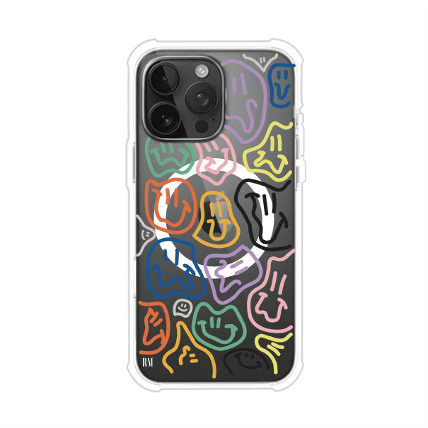 Funda para iPhone con diseño de caritas distorsionadas en colores neón sobre fondo negro. Estilo artístico, divertido y psicodélico. Diseño original de Remark MX