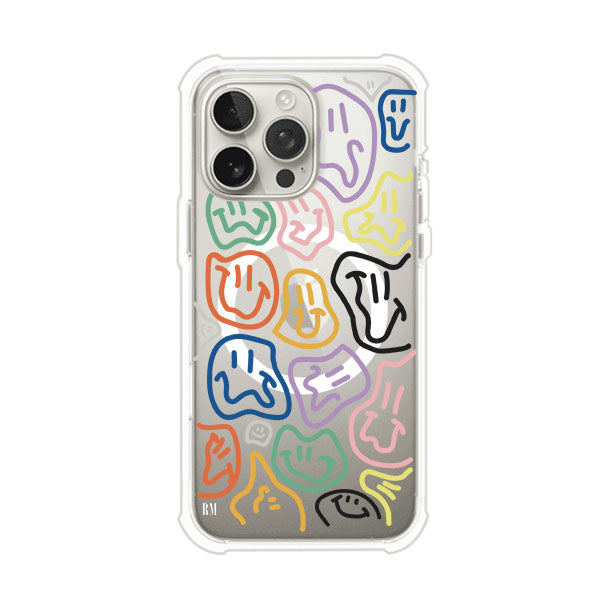 Funda para iPhone con diseño de caritas distorsionadas en colores neón sobre fondo negro. Estilo artístico, divertido y psicodélico. Diseño original de Remark MX