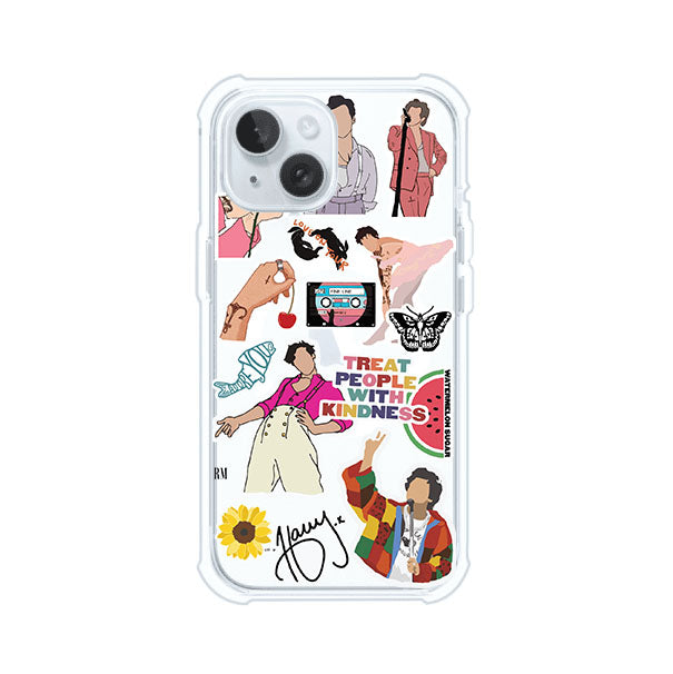 Funda para iPhone con diseño de stickers inspirados en Harry Styles. Incluye frases como "Treat People With Kindness", dibujos de outfits icónicos, girasoles, y elementos retro sobre base transparente. Ideal para fans. Producto de Remark Mx