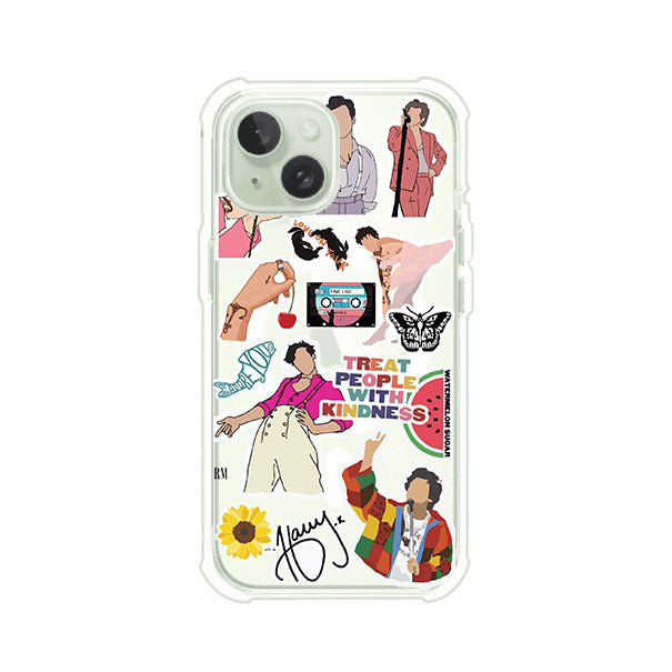 Funda para iPhone con diseño de stickers inspirados en Harry Styles. Incluye frases como "Treat People With Kindness", dibujos de outfits icónicos, girasoles, y elementos retro sobre base transparente. Ideal para fans. Producto de Remark Mx