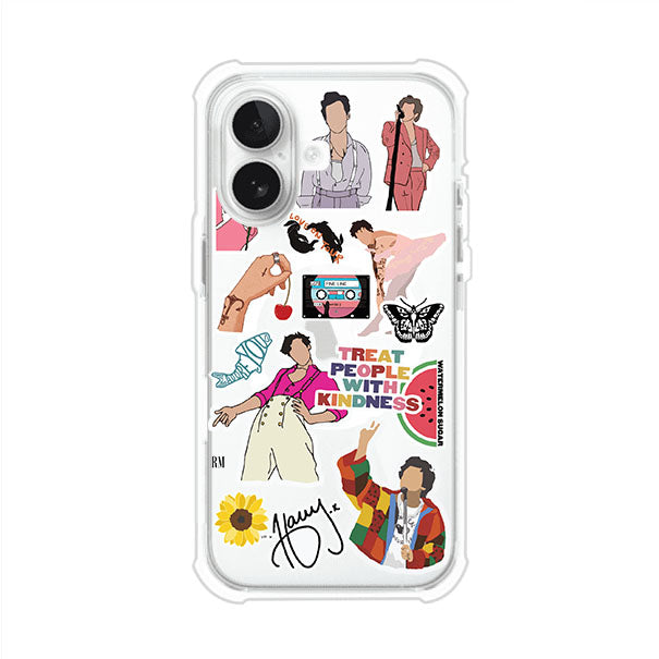 Funda para iPhone con diseño de stickers inspirados en Harry Styles. Incluye frases como "Treat People With Kindness", dibujos de outfits icónicos, girasoles, y elementos retro sobre base transparente. Ideal para fans. Producto de Remark Mx