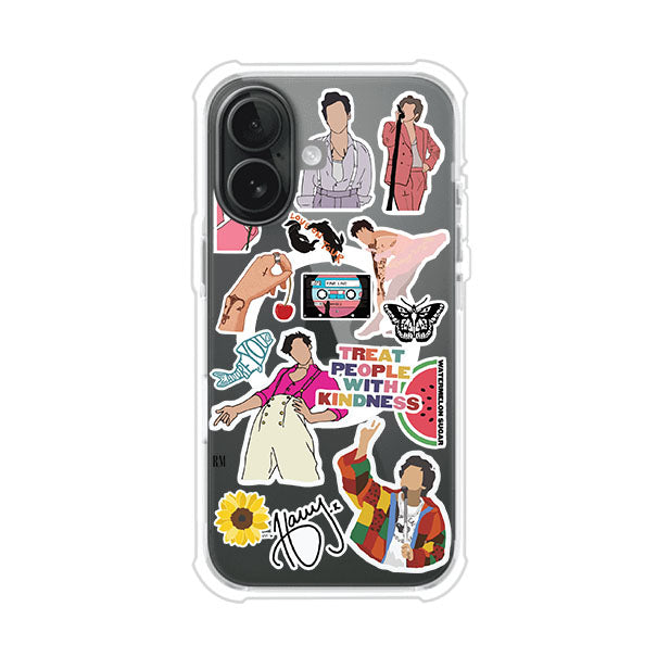 Funda para iPhone con diseño de stickers inspirados en Harry Styles. Incluye frases como "Treat People With Kindness", dibujos de outfits icónicos, girasoles, y elementos retro sobre base transparente. Ideal para fans. Producto de Remark Mx