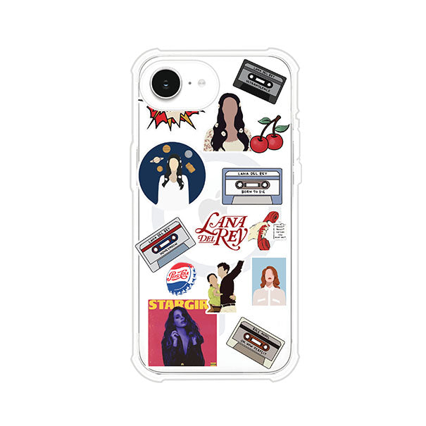 Funda para iPhone con diseño collage de Lana Del Rey en fondo rojo. Incluye stickers de cassettes, cerezas, retratos y frases icónicas. Estilo retro y nostálgico para fans de Lana.