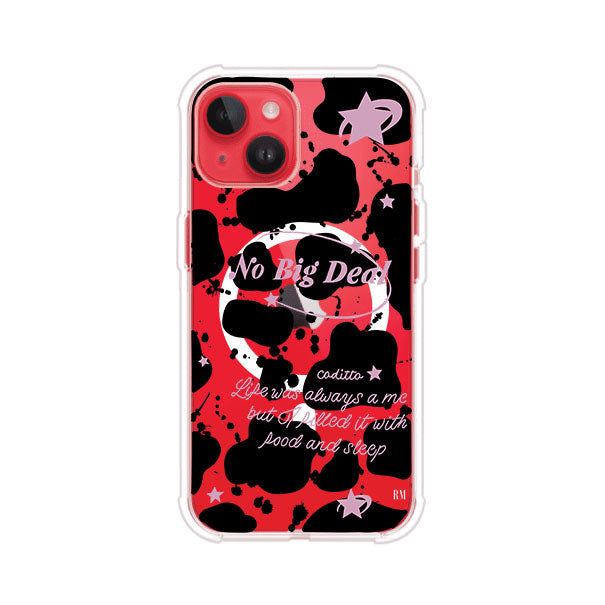 Funda estilo vaca en blanco, negro y rosa con frase No Big Deal para iPhone. Diseño divertido y aesthetic. Producto de Remark Mx