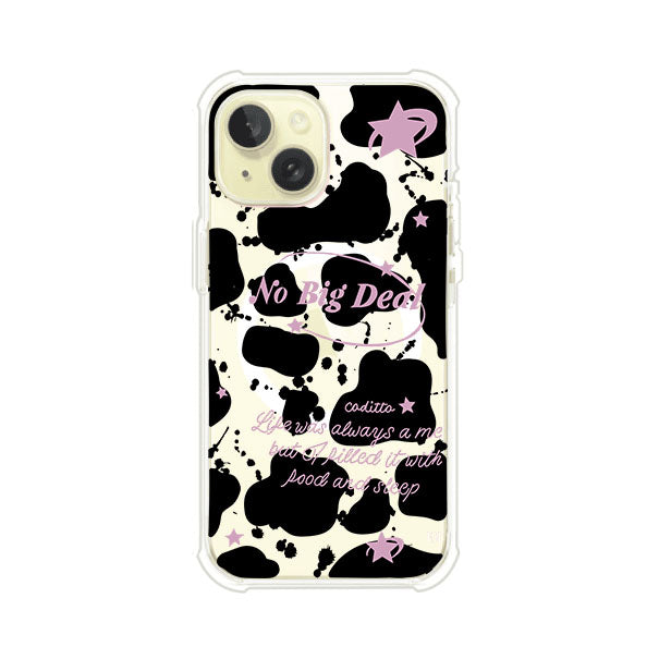 Funda estilo vaca en blanco, negro y rosa con frase No Big Deal para iPhone. Diseño divertido y aesthetic. Producto de Remark Mx