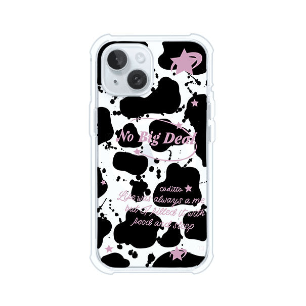 Funda estilo vaca en blanco, negro y rosa con frase No Big Deal para iPhone. Diseño divertido y aesthetic. Producto de Remark Mx