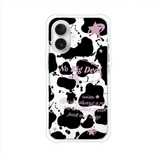 Funda estilo vaca en blanco, negro y rosa con frase No Big Deal para iPhone. Diseño divertido y aesthetic. Producto de Remark Mx