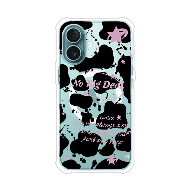 Funda estilo vaca en blanco, negro y rosa con frase No Big Deal para iPhone. Diseño divertido y aesthetic. Producto de Remark Mx