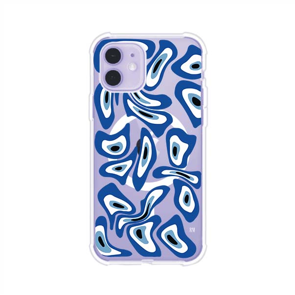 Funda para iPhone con diseño de ojos turcos en tonos azul y blanco, símbolo de protección.
iPhone case featuring Turkish evil eye pattern in blue and white, symbol of protection