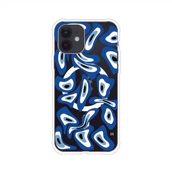 Funda para iPhone con diseño de ojos turcos en tonos azul y blanco, símbolo de protección.
iPhone case featuring Turkish evil eye pattern in blue and white, symbol of protection