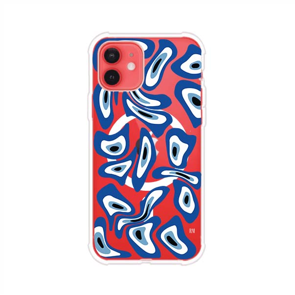 Funda para iPhone con diseño de ojos turcos en tonos azul y blanco, símbolo de protección.
iPhone case featuring Turkish evil eye pattern in blue and white, symbol of protection