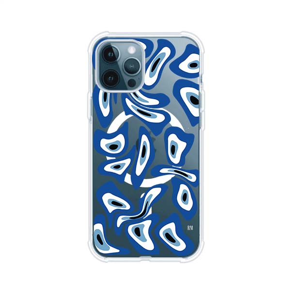 Funda para iPhone con diseño de ojos turcos en tonos azul y blanco, símbolo de protección.
iPhone case featuring Turkish evil eye pattern in blue and white, symbol of protection