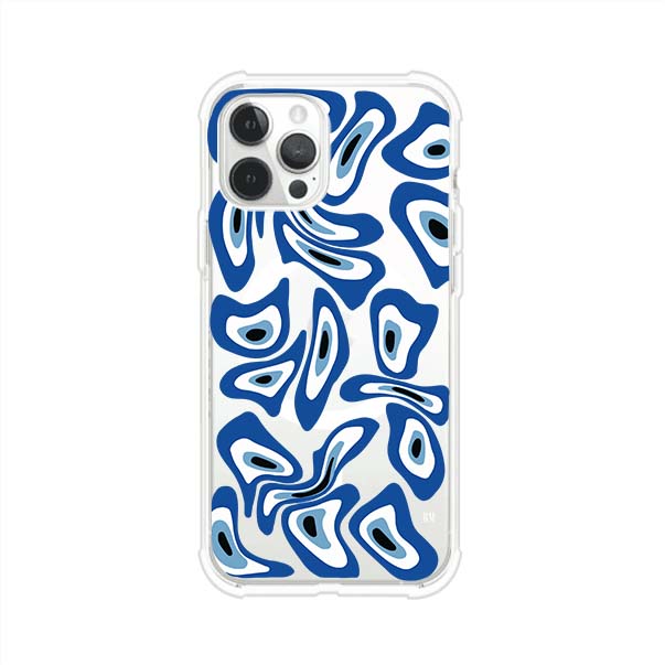 Funda para iPhone con diseño de ojos turcos en tonos azul y blanco, símbolo de protección.
iPhone case featuring Turkish evil eye pattern in blue and white, symbol of protection