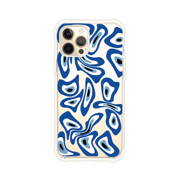 Funda para iPhone con diseño de ojos turcos en tonos azul y blanco, símbolo de protección.
iPhone case featuring Turkish evil eye pattern in blue and white, symbol of protection